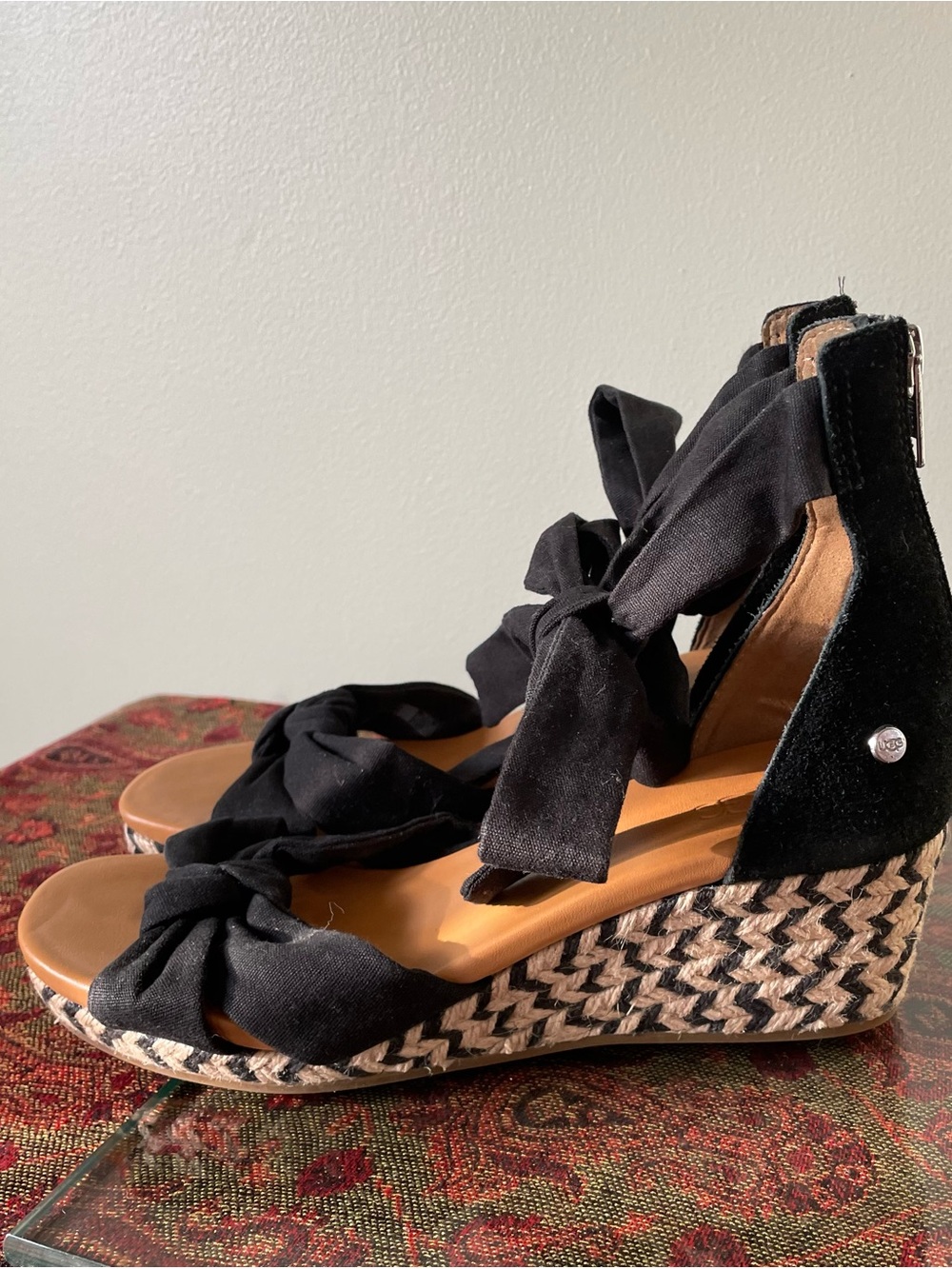 UGG Yarrow Black Tie Espadrille Wedge Sandals 7.5